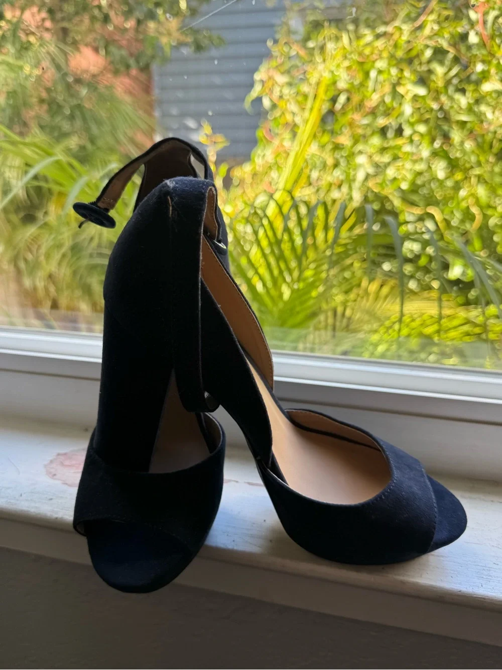 Nine West Navy Suede Peep-Toe Chunky Heel Sandals